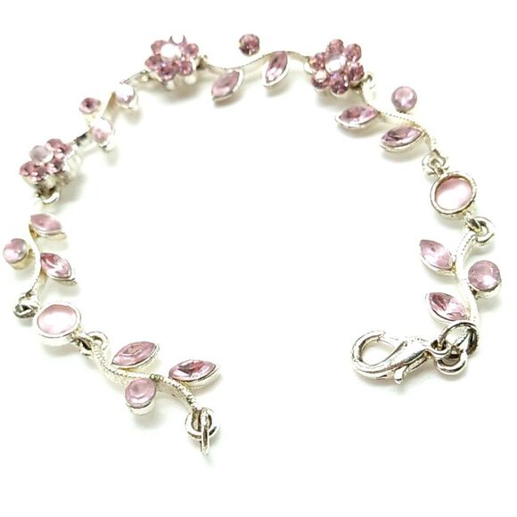 Dainty Pink Crystal Flower Vine Silver-tone Bracelet - Picture 5 of 12
